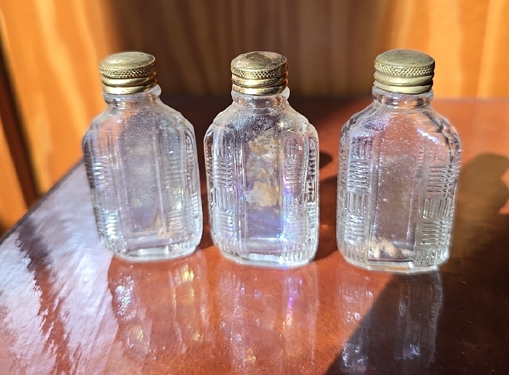 SOLD***Vintage Glass Bottles with Brass Caps